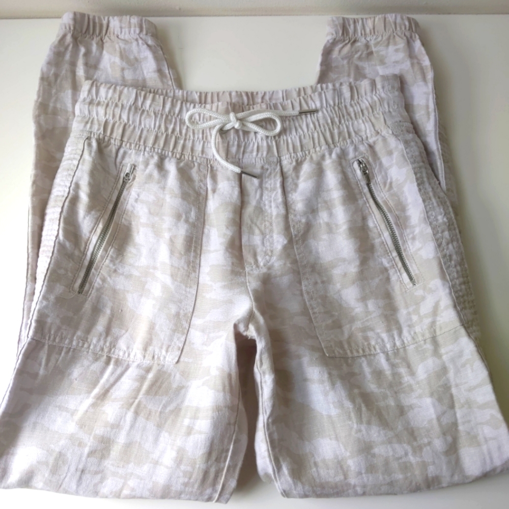Athleta Cabo Tide Linen Jogger Pants Cream Tan Print Women's 2